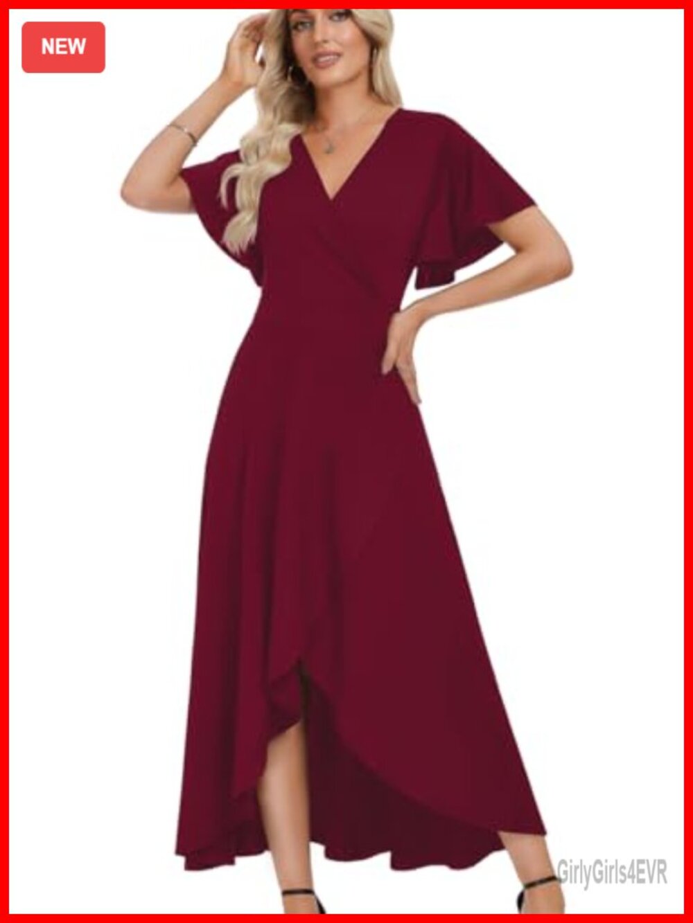 WEACZZY Women V Neck Ruffle Sleeve Maxi Dress Split Wrap Waist Formal Wedding